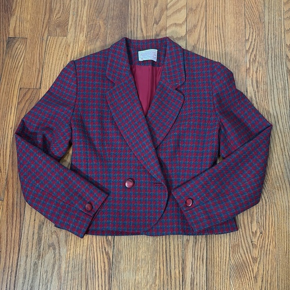 Vintage Pendleton Houndstooth Wool Crop Blazer Jacket Blue Red Sz 8 Petite - Picture 1 of 14